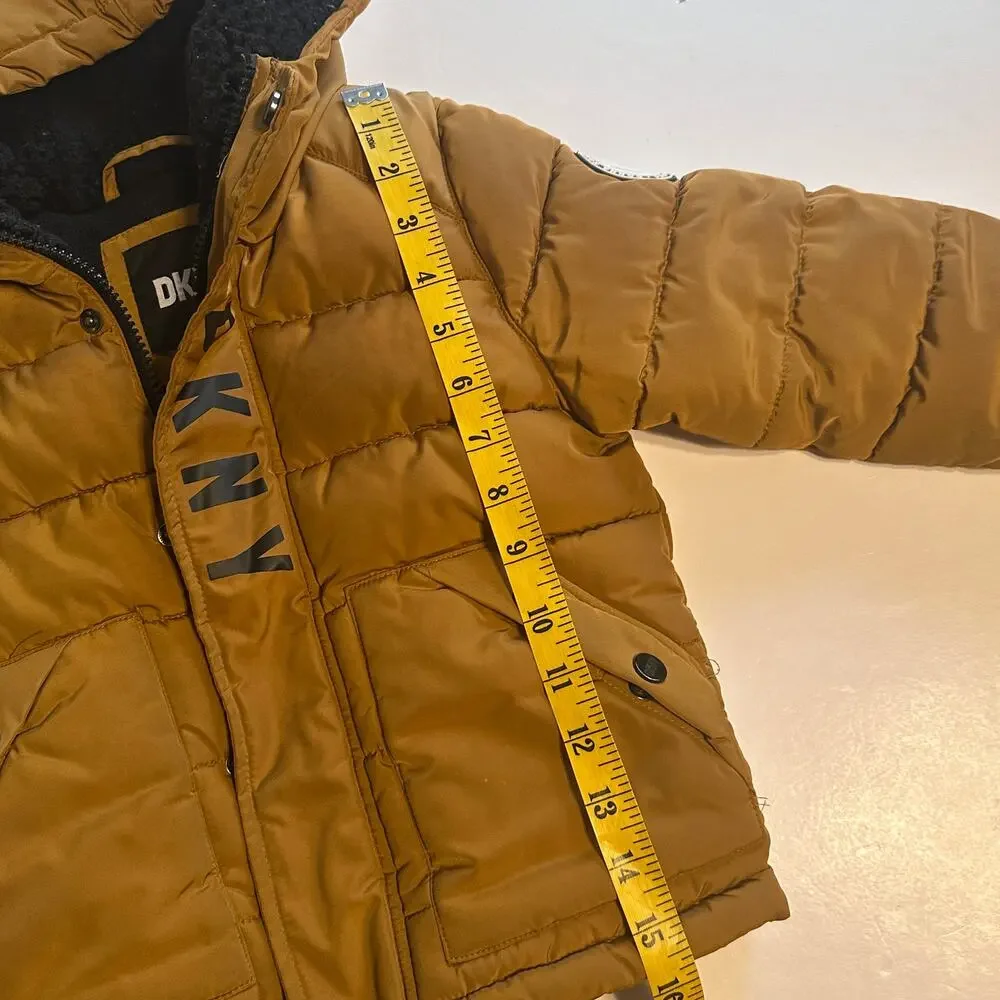 DKNY Puffer Coat Boys Size 4 Mustard Brown Hooded Quilted Outdoor Winter Gorp